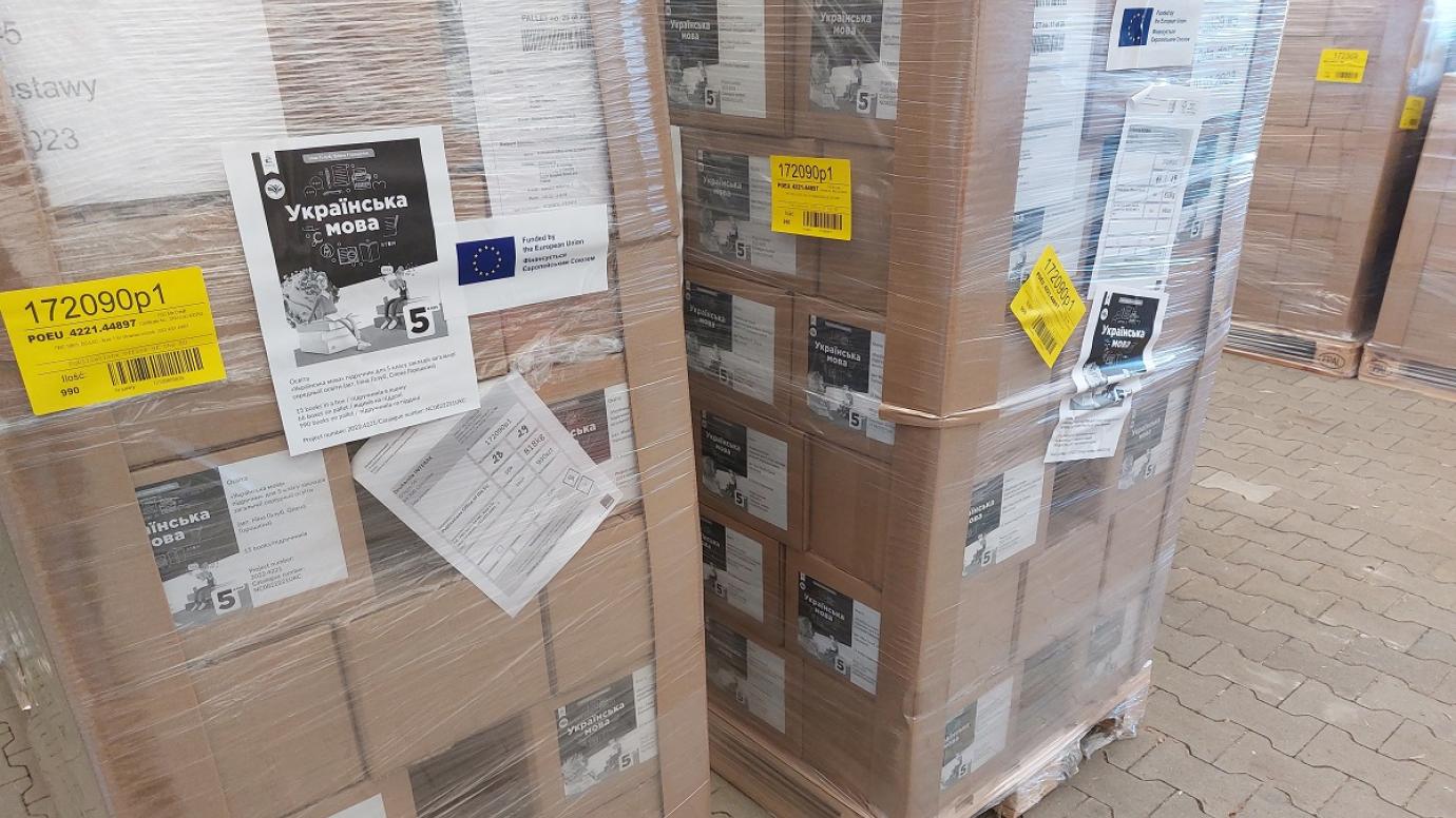 Crates of books for Ukrainian school children ready for transport