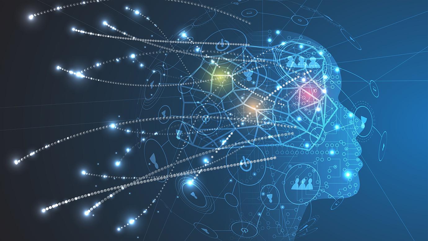 Illustration of a human head with several connected symbols related to technology