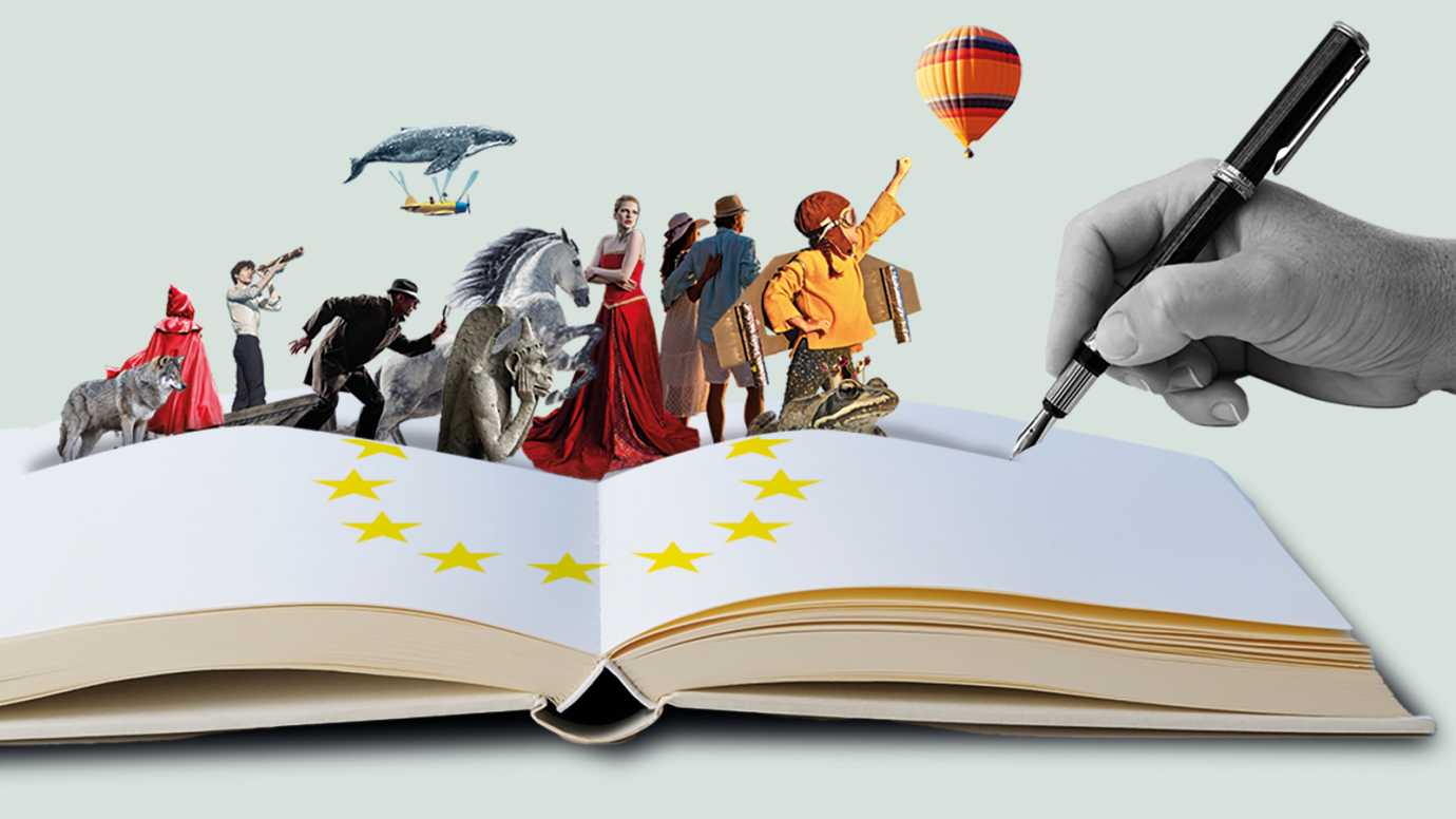 Various figures from literature in miniature on top of a book with the EU stars