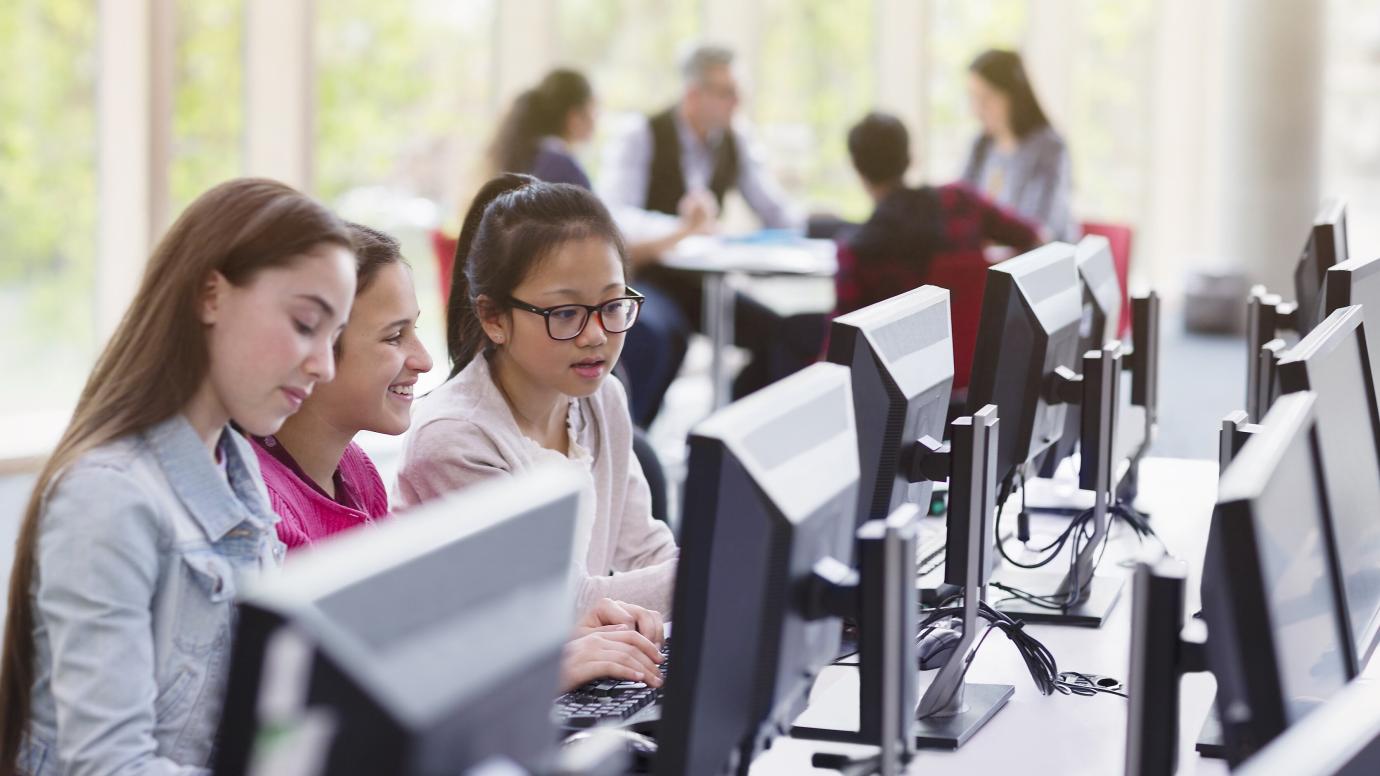 Group of diverse female students during ICT course