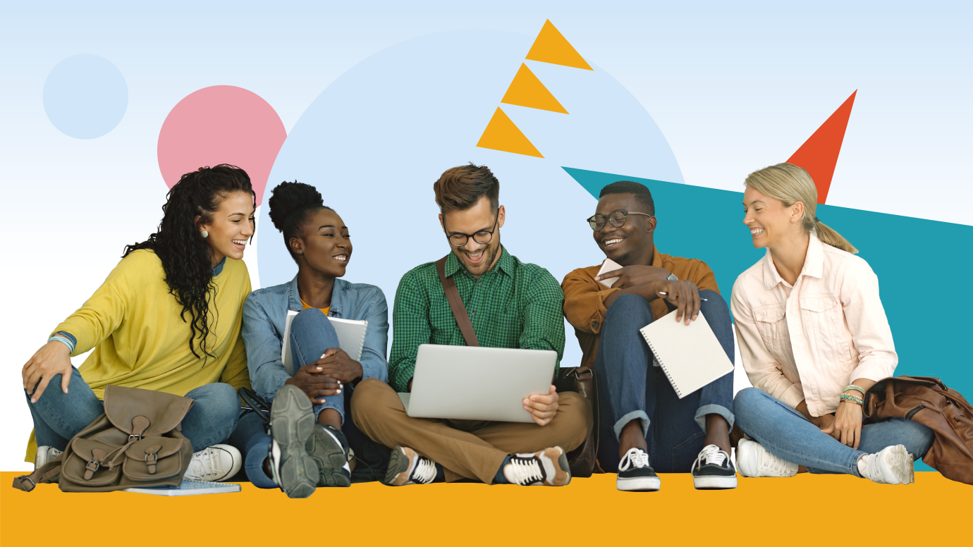 Group of diverse students working together wound a laptop