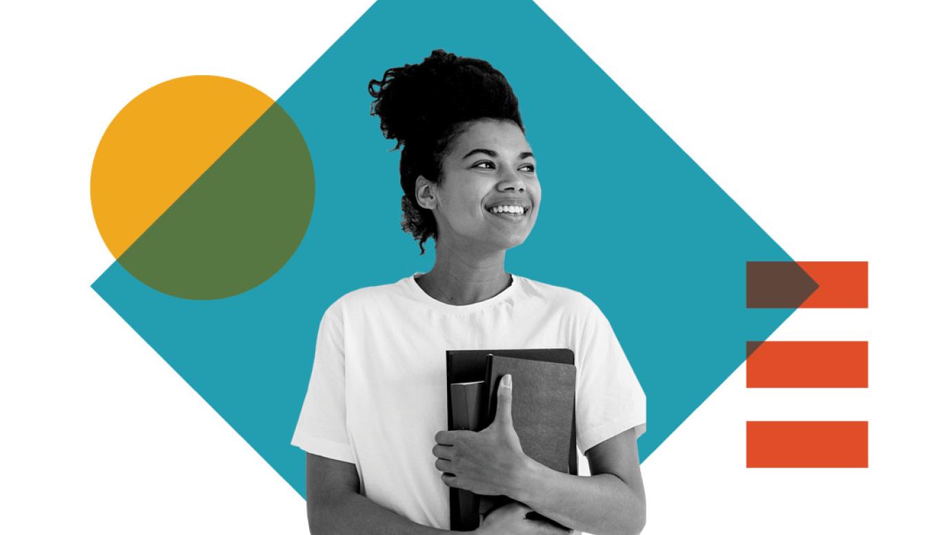 Cheerful young girl holding books and notebook