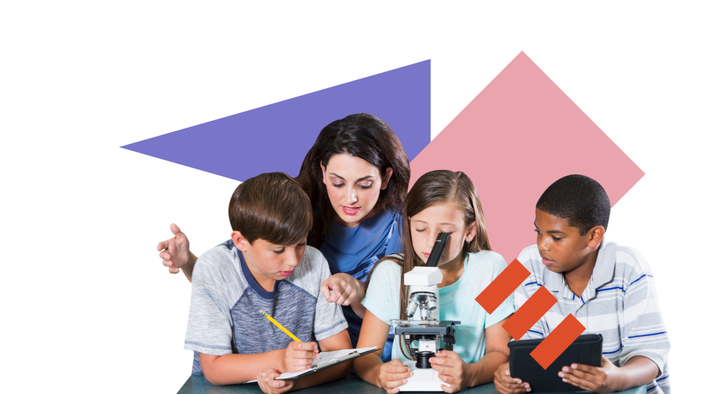 Female teacher with 3 diverse pupils using a microscope