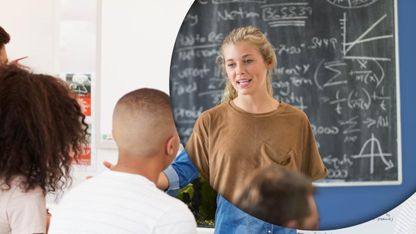 A young teacher in a classroom overlayed with another teaching scene