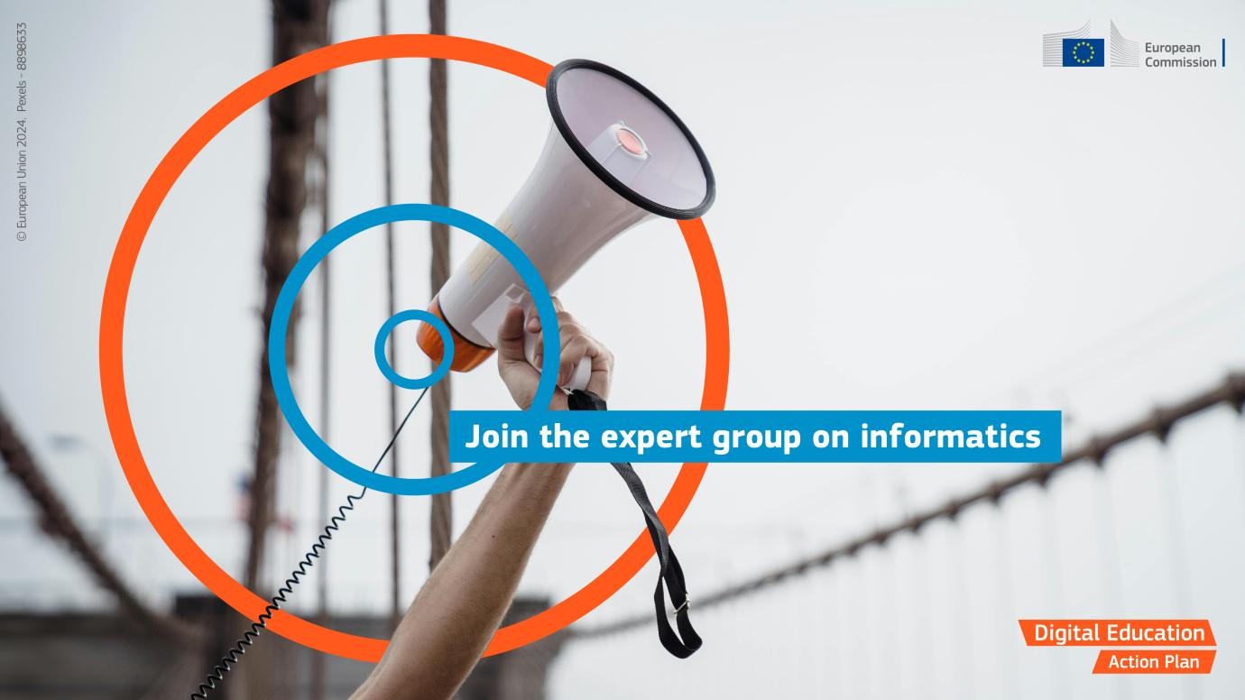 Hand raised holding megaphone, overlaid with the caption "Join the expert group on informatics"