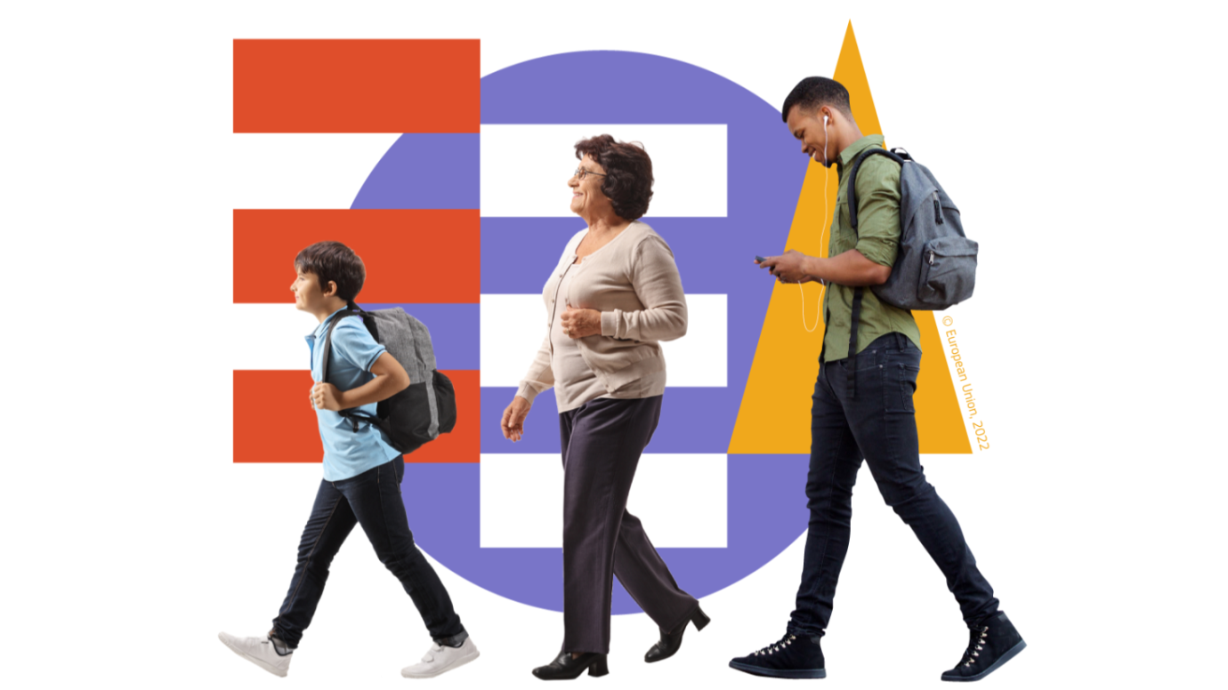 Young boy, senior woman and young man walking in a row, with stylised EEA letters in the background