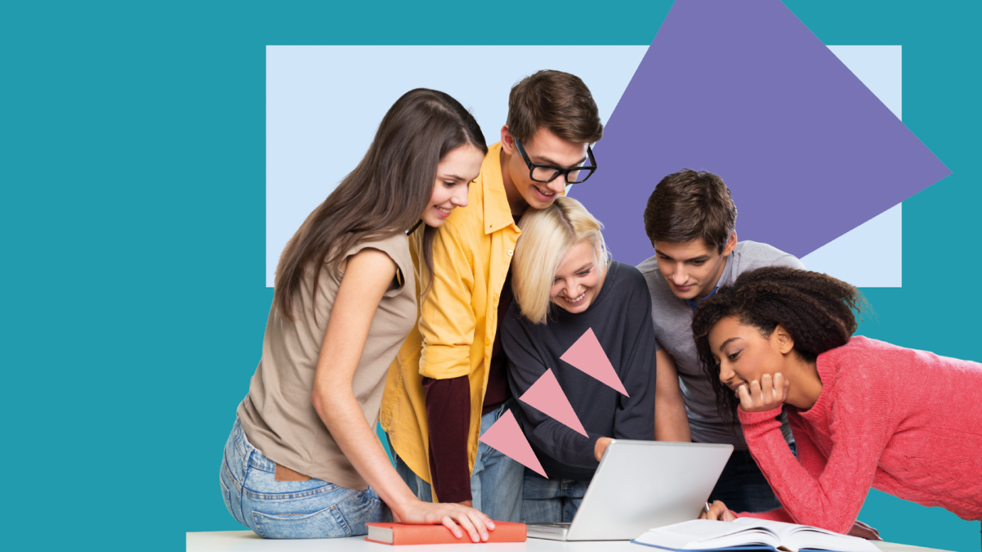 Group of young teenagers discussing around a laptop