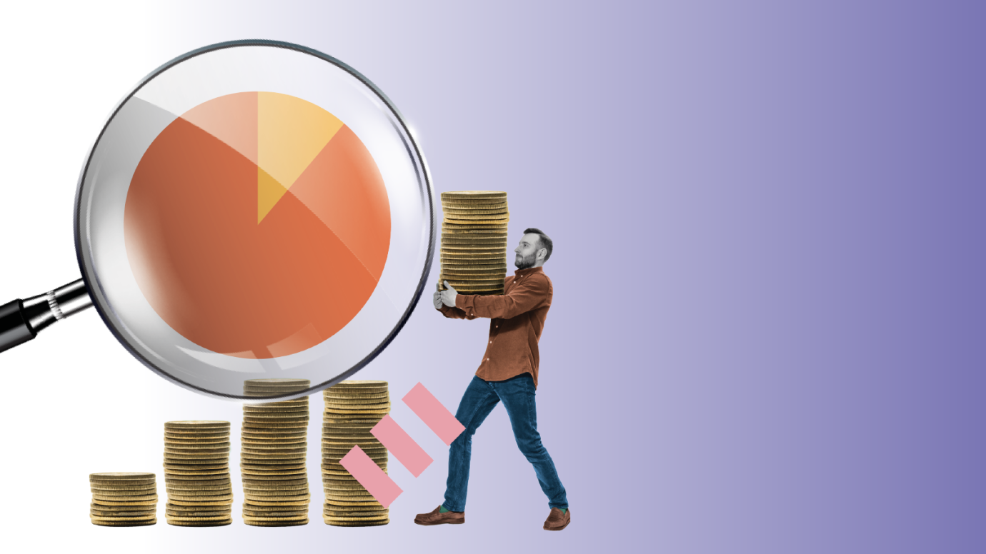 Abstract illustration of man carrying stacks of coins next to magnifying glass
